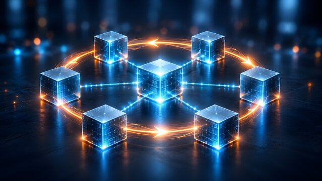 Blockchain and decentralized network concept with glowing blue digital cubes connected by orange data transfer arrows on dark reflective background