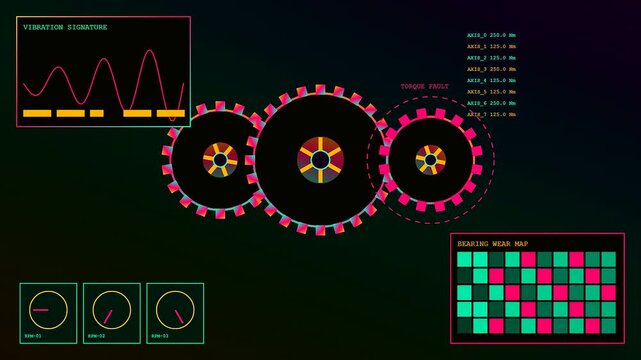 Industrial machinery anomaly detection dashboard visualizing mechanical gear rotation vibration patterns and bearing wear levels with glowing neon data graphs on a dark digital interface screen