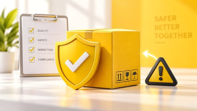Product quality control and safe delivery concept showing yellow cardboard box protected by shield with check mark and caution sign next to inspection checklist clipboard