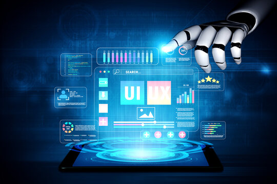 Futuristic Digital Interface with Robotic Hand Interacting with User Interface Elements on Tablet Screen in Blue Technology Setting Quark.