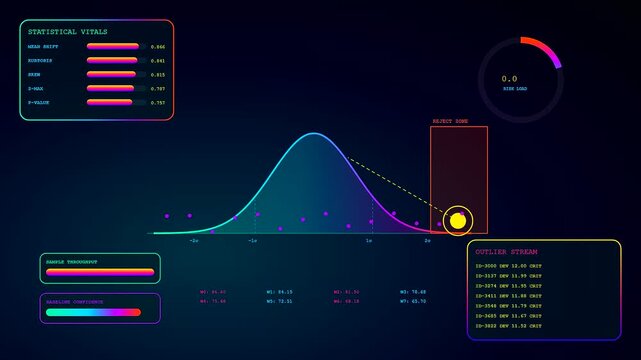Three panel digital interface showing anomaly detection with statistical vitals and oscillating bell curve graphs displayed on a dark glowing gradient background screen during analysis