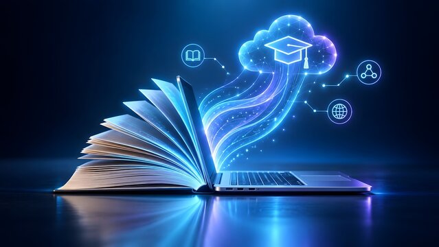 Cloud based online education concept showing glowing blue book emerging from laptop connected to digital cloud with graduation cap icon