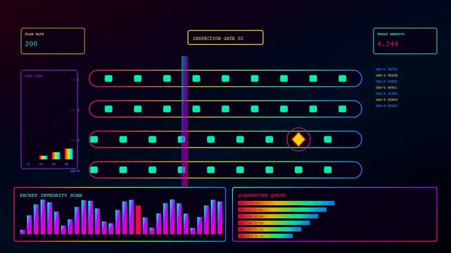 Anomaly detection interface displays dynamic data streams with moving geometric elements tracking packet flow metrics across multiple digital panels in a dark monochromatic neon light environment