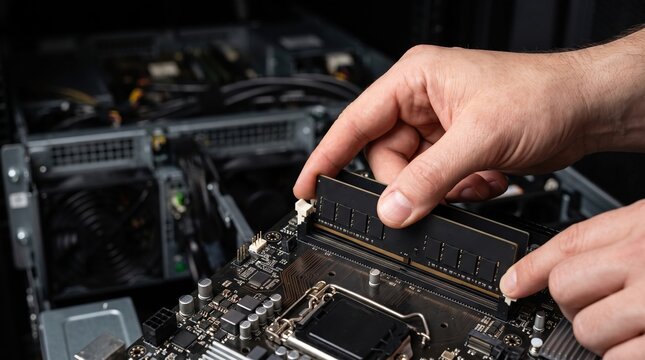 Hands carefully insert a black memory module into the motherboard of a desktop computer to upgrade internal system components during a maintenance