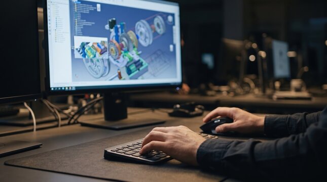 Person uses a computer mouse and keyboard to edit a complex mechanical 3d model displayed on a large screen in a dim workspace during late night hours