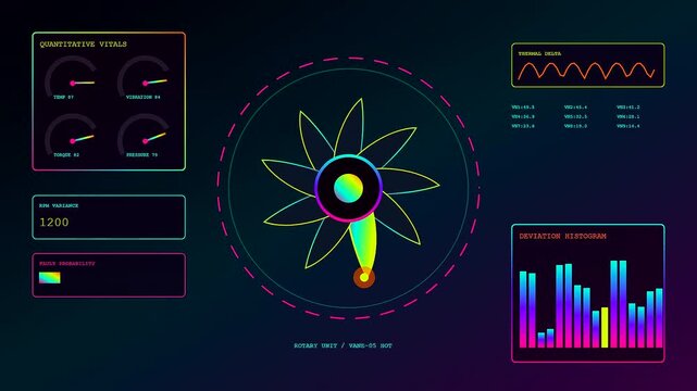 Data streaming of anomaly detection visual diagnostics displaying rotary unit performance metrics with fluctuating signal wave charts and colorful rotating floral patterns on a dark screen