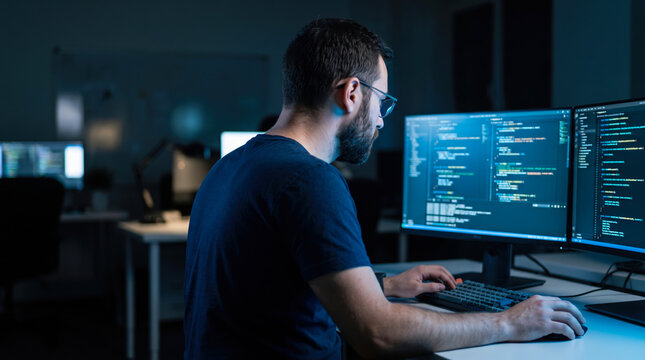 Bearded man wearing glasses sits at a desk in a dark office during the night and uses a keyboard and mouse to program software while looking at