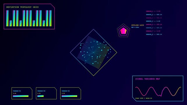 Anomaly detection interface displaying changing data patterns and shifting line graphs across multiple digital windows in a minimalist dark environment with colorful glowing geometric nodes and shapes