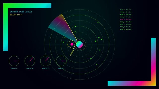 A digital anomaly detection interface visualizes a spinning radar scan across three distinct panoramic panels with neon light glow displaying circular trajectory tracking patterns on screen