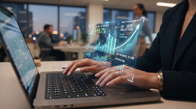 Business professional using a laptop to analyze interactive financial growth charts in a modern office with interactive digital holographic trends revenue projections