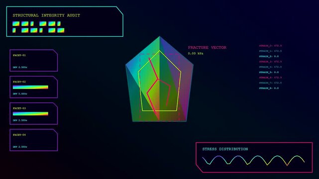 A digital anomaly detection interface presents complex geometric shapes and data streams displayed on a dark virtual monitor with vibrant neon lines and various numerical metrics