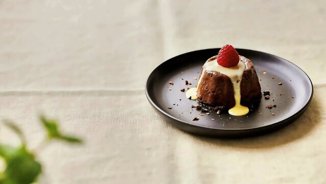 A decadent, warm dark chocolate lava cake is centered on a minimalist, circular black plate. The cake's top is covered in a pooling stream of rich, vanilla-bean flecked custard sauce, 