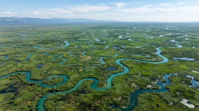 Aerial view of meandering river through lush green wetlands.