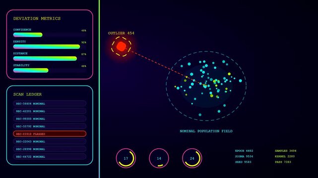 Anomaly detection interface displaying cluster data metrics with multiple graphical panels showing circular scatter plots and digital scan information on a dark glowing monitor screen
