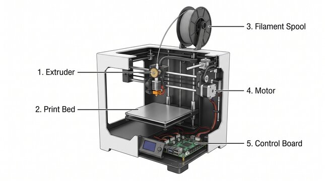 3D printer with labeled parts for technical instruction
