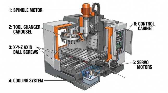 Diagram of a CNC milling machine with labeled components