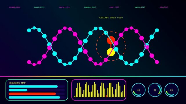Anomaly detection interface displays glowing helical strands with highlighted data points across three visual monitors to track complex genetic sequences within a dark digital environment