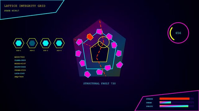Three panels displaying anomaly detection interfaces showing fluctuating geometric pentagon patterns with glowing pink and cyan nodes in a dark digital space for data monitoring