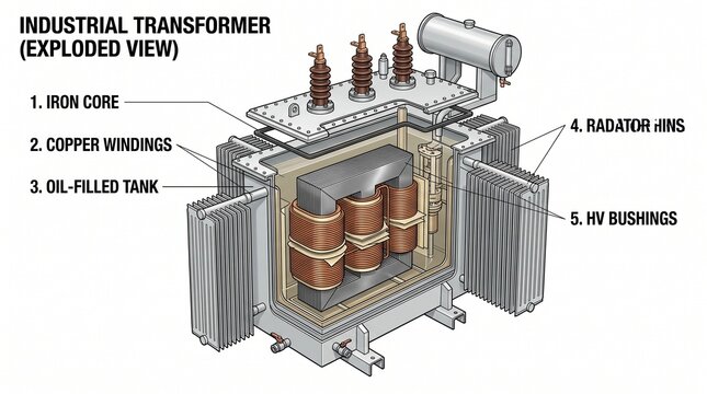 Exploded view diagram of an industrial transformer with labels