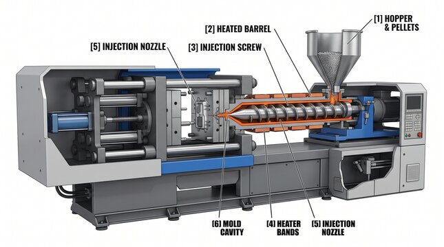 Diagram of an injection molding machine with labeled components