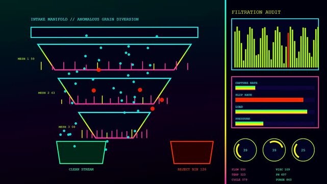Anomaly detection interface displaying filtered data streams with glowing nodes and mathematical bar charts moving across dark digital screens for advanced system monitoring and network analysis