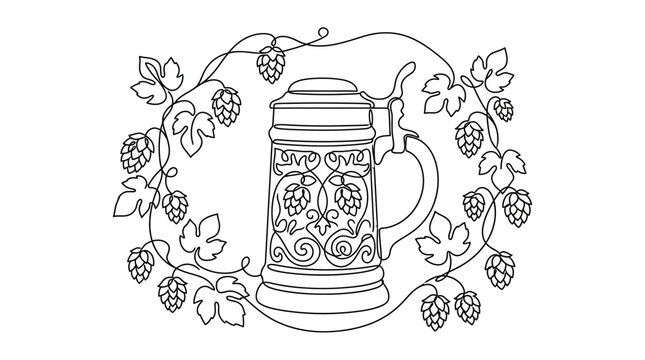 Continuous line drawing of a decorative beer stein with hops