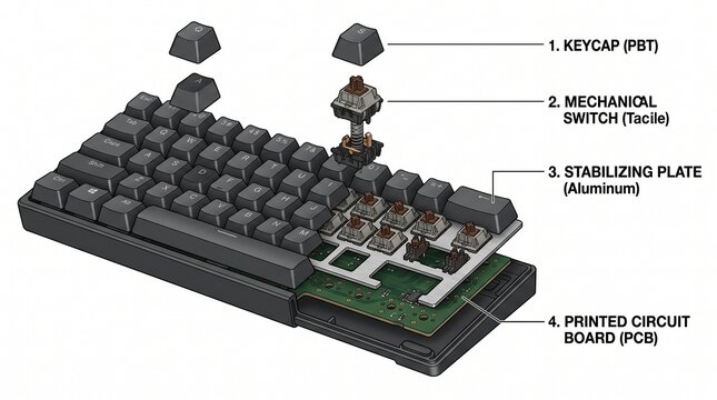 Exploded view diagram of a mechanical computer keyboard