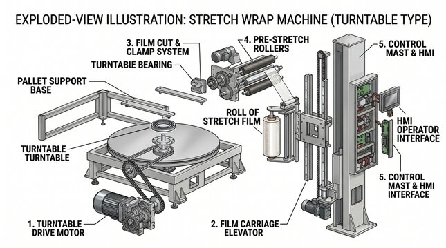 Exploded view illustration of a turntable stretch wrap machine