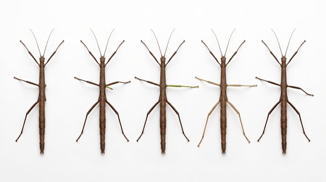 Five brown stick insects arranged in a row on white background