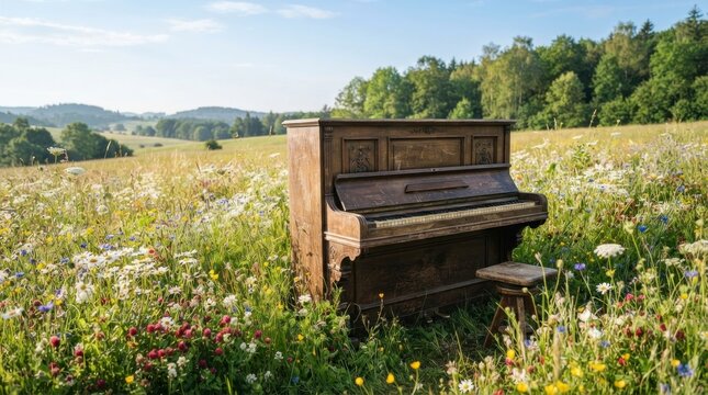 Old rustic piano standing in a beautiful summer wildflower meadow.
