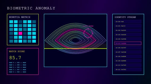 A digital anomaly detection interface scans biometric eye patterns while displaying complex identity stream data and fluctuating match score values on a dark purple neon screen