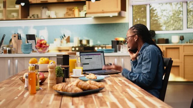 Black woman arguing with call center agent for delivery delay or lost package, logistics and transport issues. Real time tracking verification and customer support communication on phone call.