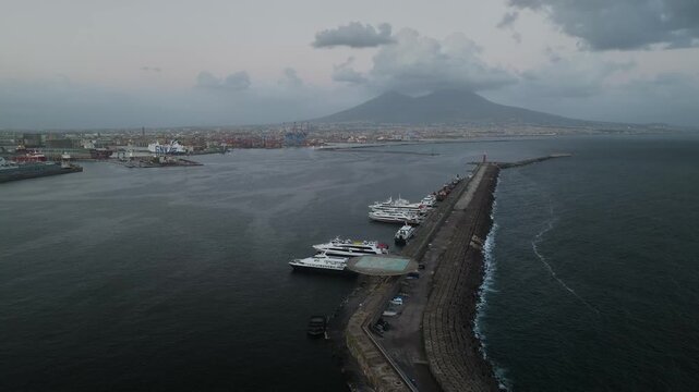 Naples Ferry Terminal at night from a drone, Molo Immacolatella Vecchia, Naples, Campania, Italy