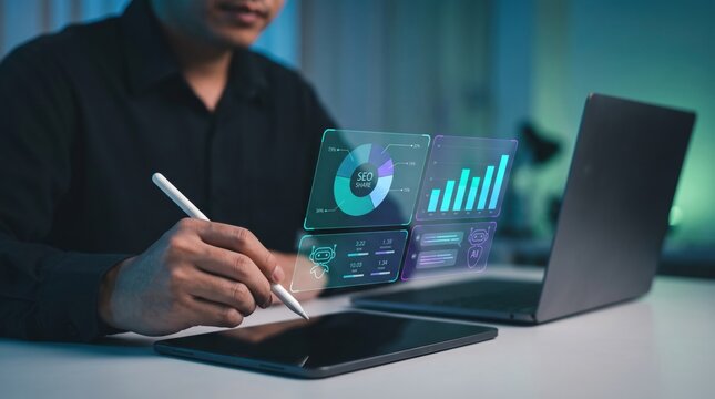 Businessman analyzes data using AI technology to work with tools, AI seo, search, Chat bot, smart robot technology and artificial intelligence concept. AI agent and workflow automation