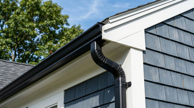 Close-up view of a modern house roof with black gutter system and blue shingle siding in bright daylight