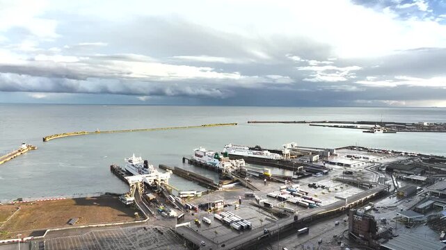 Port of Dover from a drone, White Cliffs, Dover, Kent, England, United Kingdom