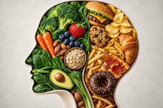 Head profile filled with wholesome and ultra-processed ingredients, illustrating brain diet, mental health, and mindful eating habits for optimal nutrition.