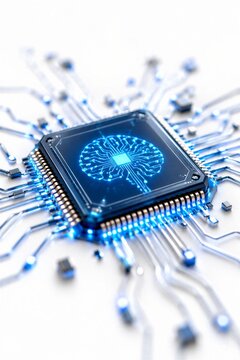 Futuristic Artificial Intelligence Microchip Isolated on White Background: Advanced Quantum Computing and Neural Processing Unit Design