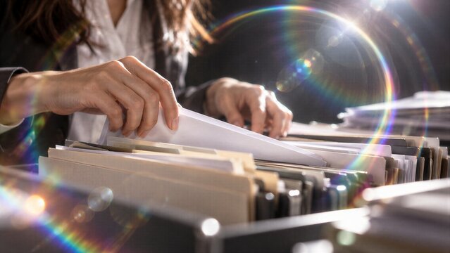 Hand working on financial and legal documents, illuminated by a rainbow lens flare, representing data management and bureaucracy.
