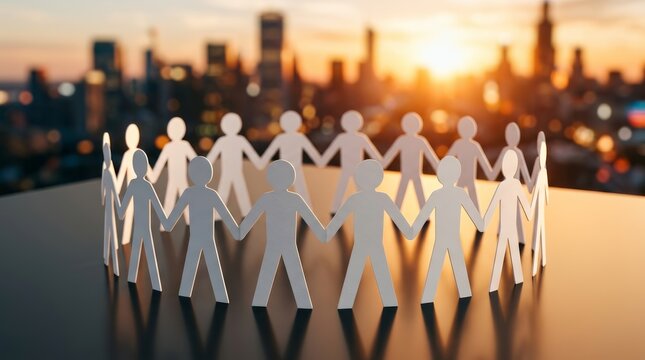 Concept of community and social connection with paper people in a ring during golden hour.