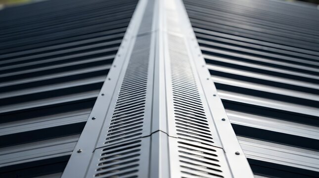Continuous airflow facilitated by a ridge vent on a corrugated metal roofing system.