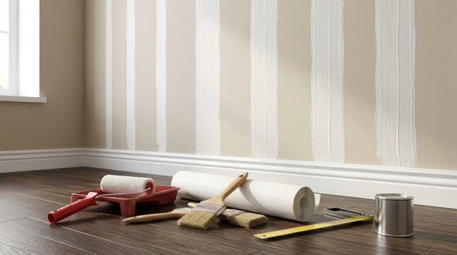 Professional wallpaper installation preparation featuring adhesive, rollers, and brushes.