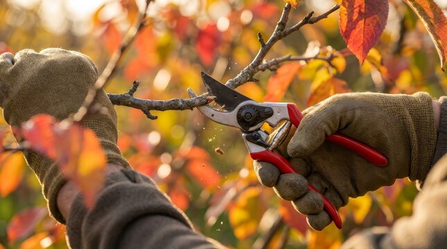Hands in gloves using garden shears to trim small tree limbs in fall.