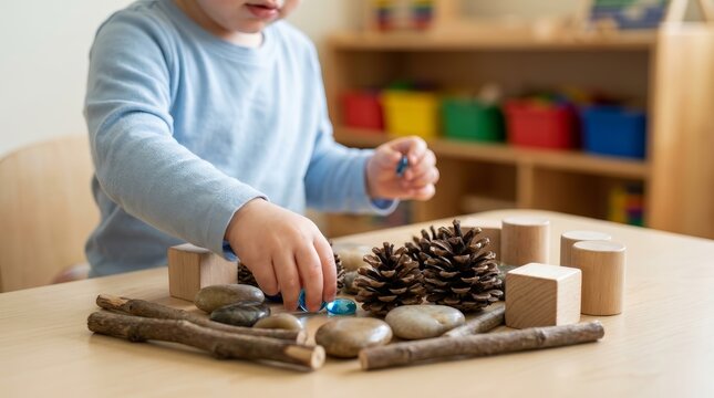 Creative construction play featuring a child playing with natural elements and loose parts.