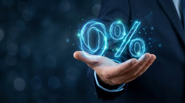 A businessman presenting a glowing digital zero percent sign for department store discount concepts.