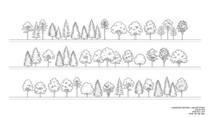 Obraz premium Architectural drawing of forest tree silhouettes and landscape plant outlines.
