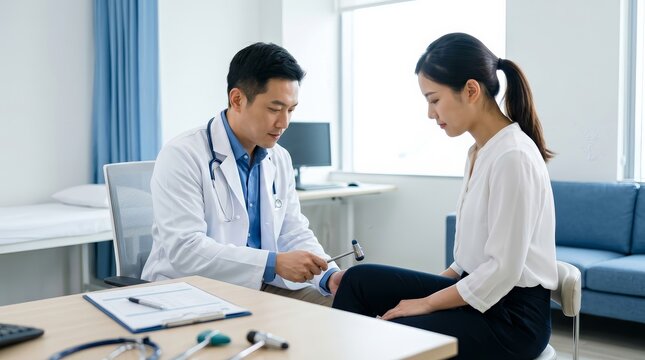 Professional doctor checking patient reflexes during a clinical examination in a bright medical clinic.