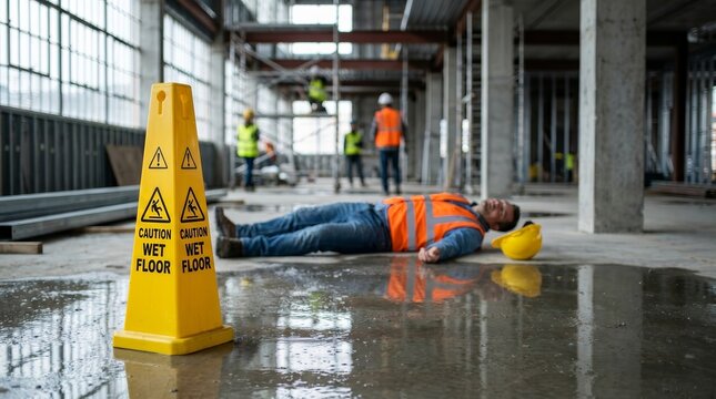 Personal injury incident at a construction site showing a worker fallen on a wet floor.
