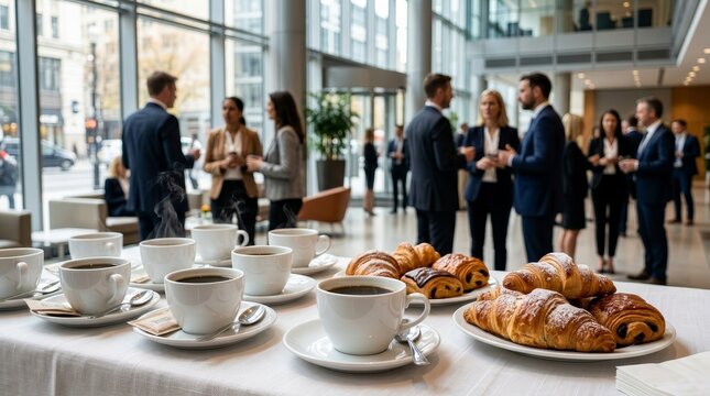Catering table with delicious croissants and hot coffee during a business networking session.