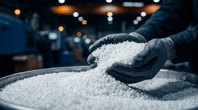 Industrial worker holding a pile of semi dull white polypropylene granules in gloved hands.